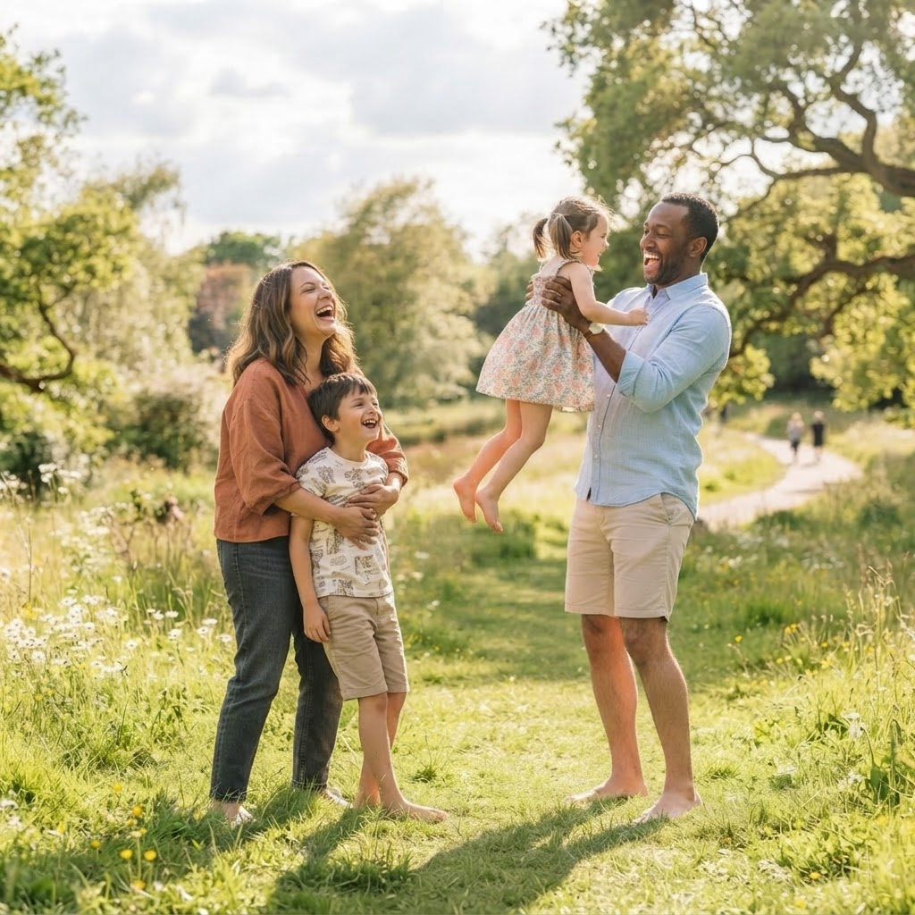A family laughing together joyfully outdoors