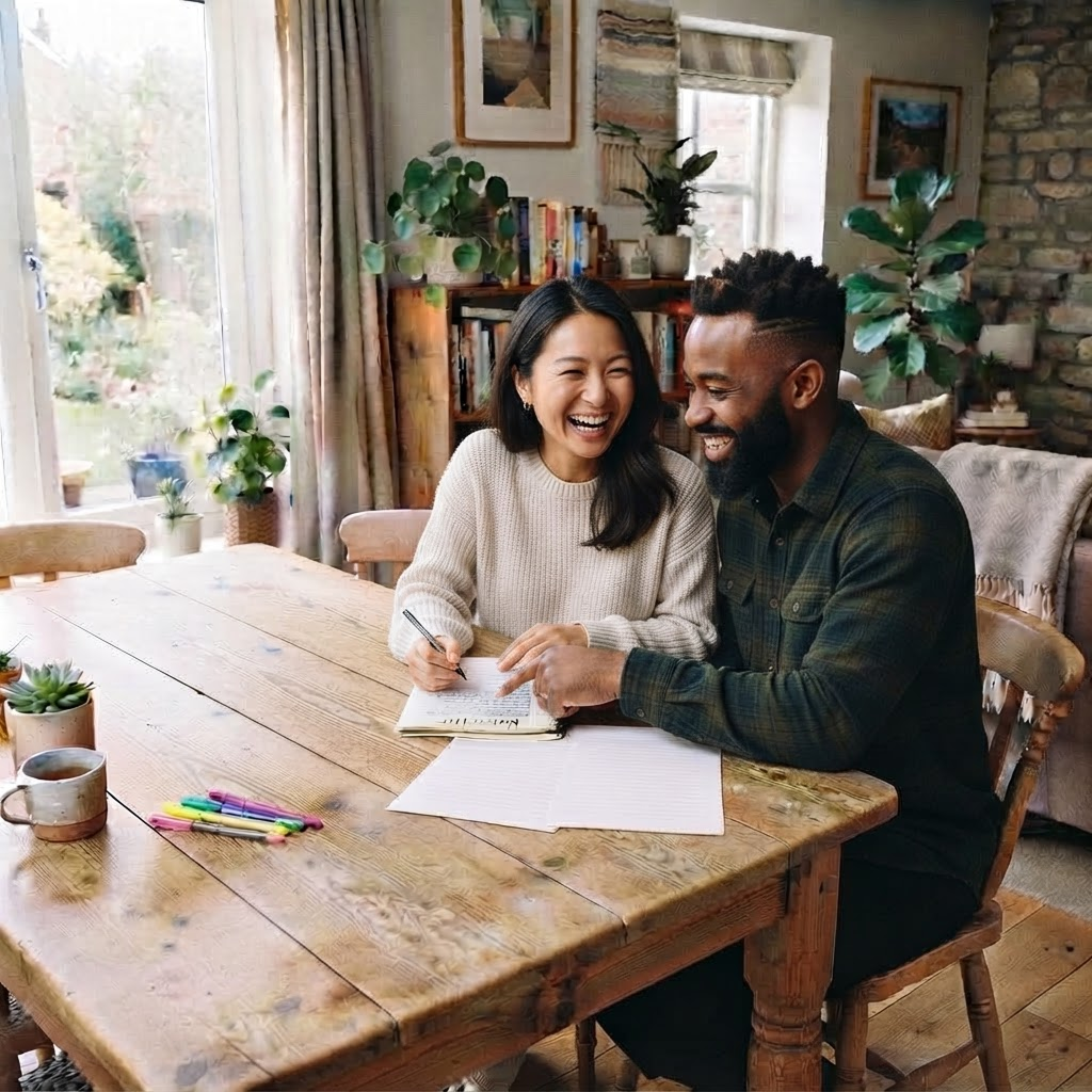 A couple sitting together at home, writing on paper and laughing
