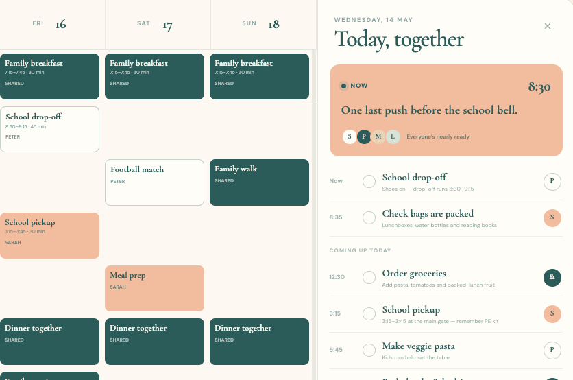 The CoBalance family calendar showing shared and individual tasks across the week